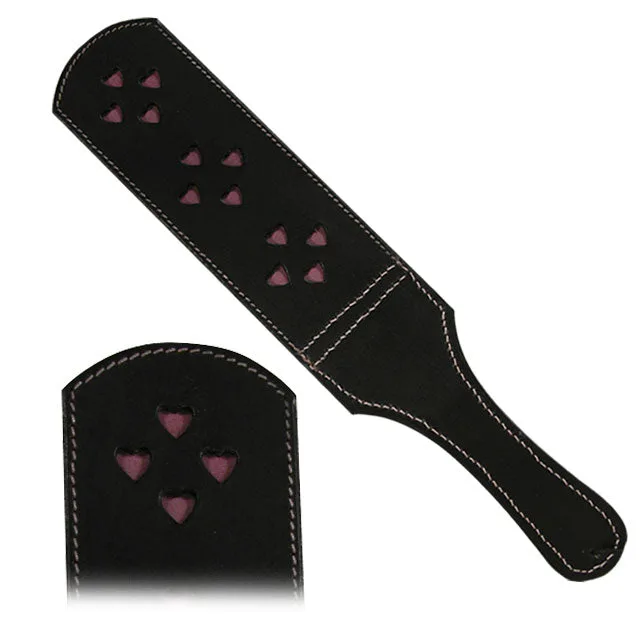 Black double-panel leather slapper with pink heart cutouts