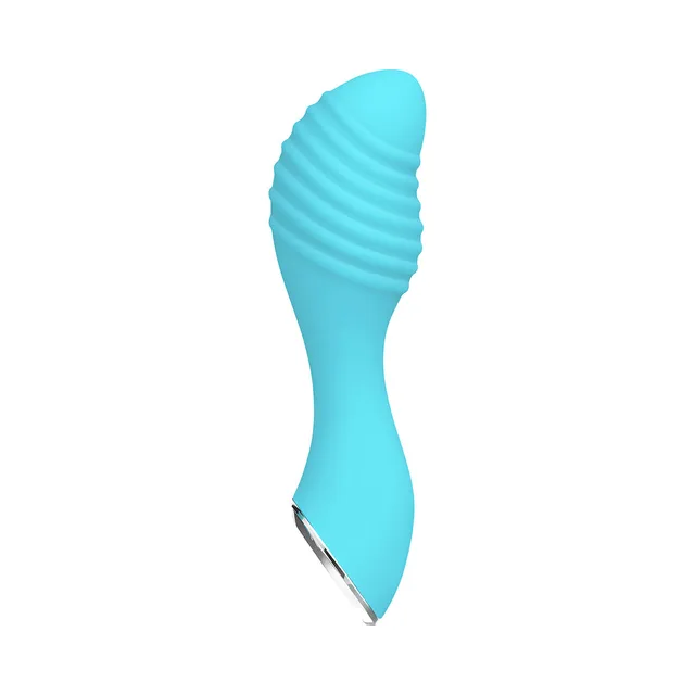 Evolved Little Dipper Blue Vibrator angled side view with six raised tip ridges