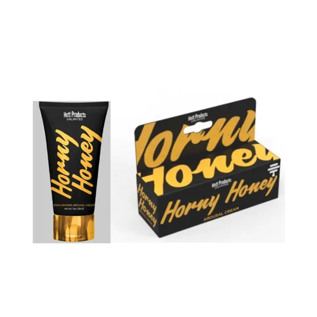 Horny Honey black cream tube beside matching gold-lettered box