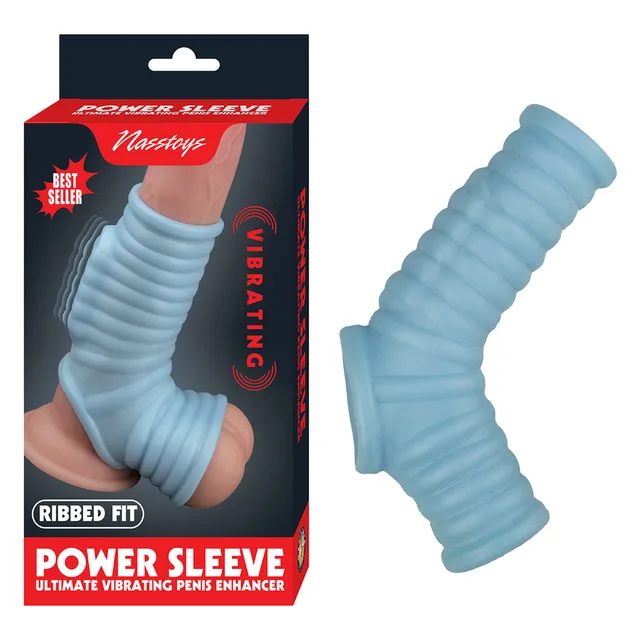 Nasstoys Power Sleeve Ribbed Fit blue vibrating extender beside front retail package