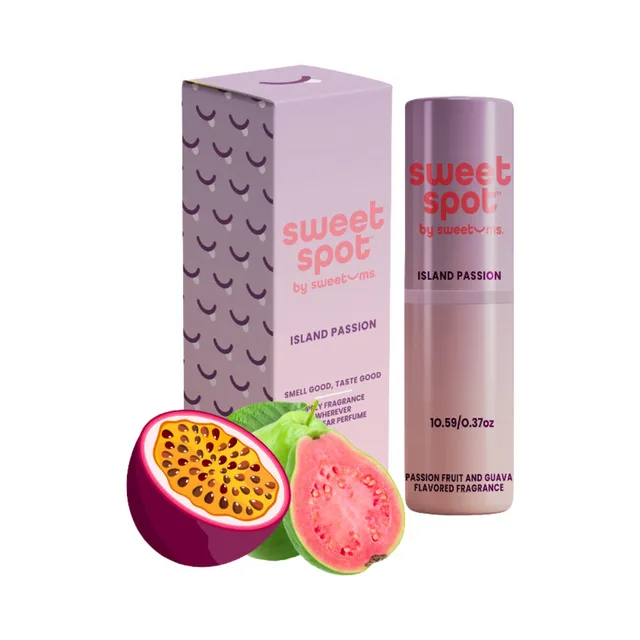Sweetums Sweet Spot island passion flavored fragrance tube and box arranged with passion fruit and guava