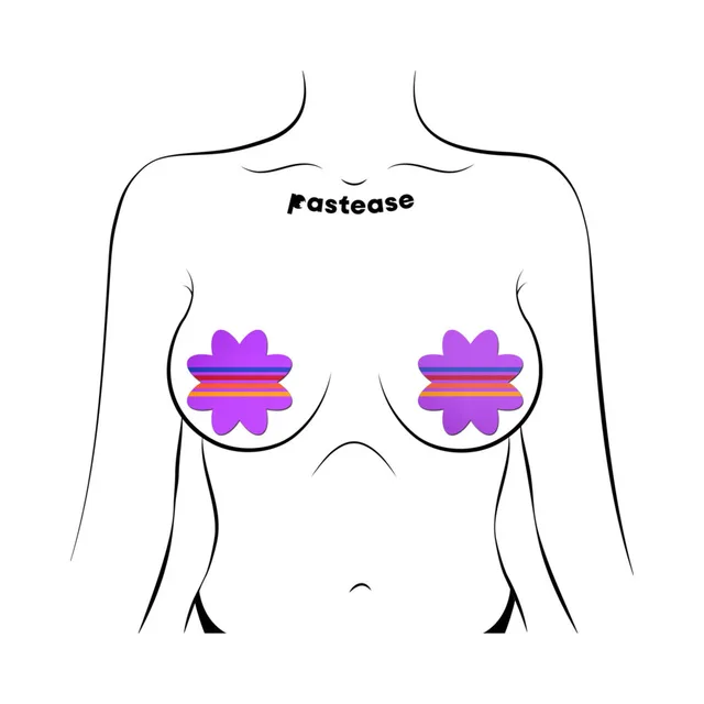 Pastease purple petal retro stripe breast pasties front placement illustration on a torso outline
