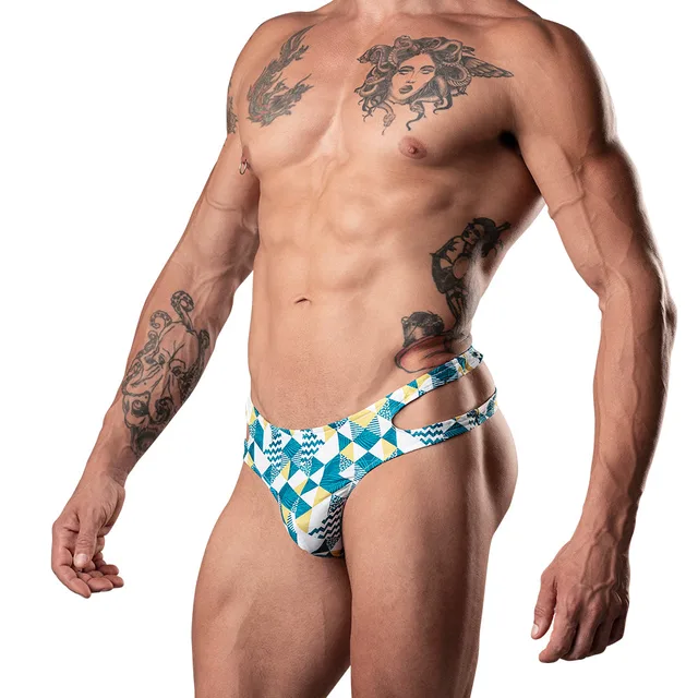 Male Power Cut It Out L/XL blue geometric cutout thong full front view worn by model