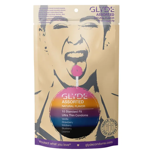 cream Glyde Ultra assorted 10-pack condom pouch with multicolor flavor markers
