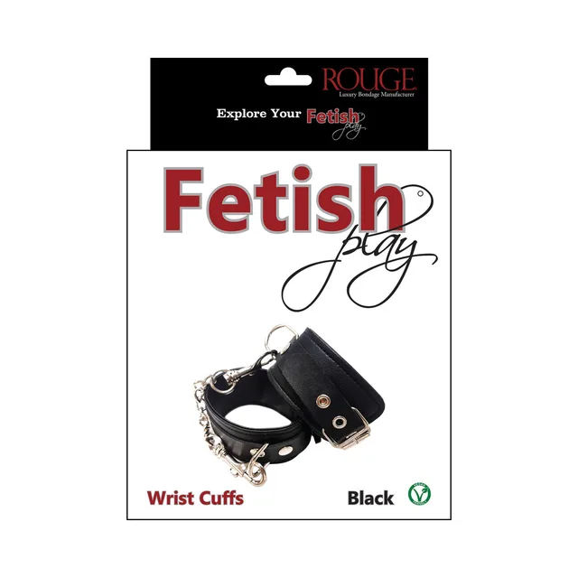 Black Rouge Fetish Play vegan wrist cuffs with silver chain on retail card