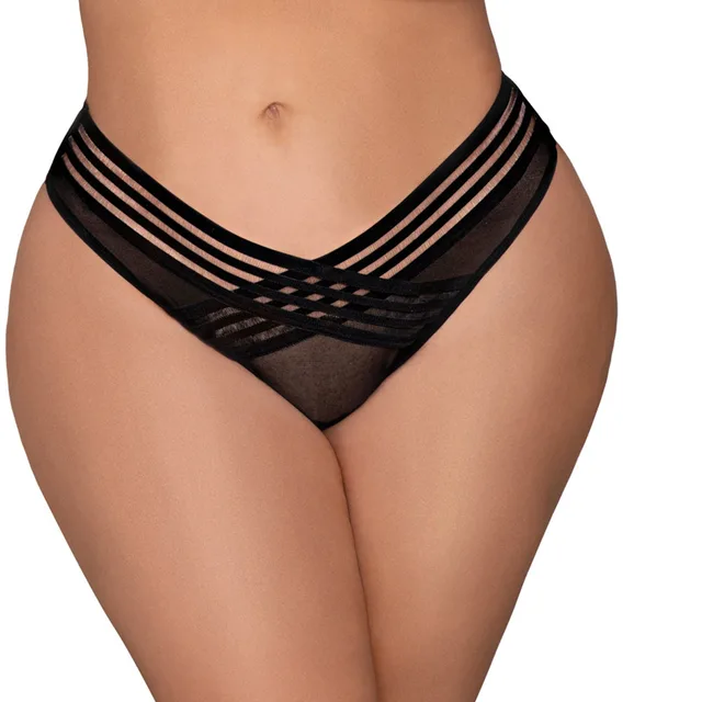 Front close-up of black mesh thong with crisscross striped waistband