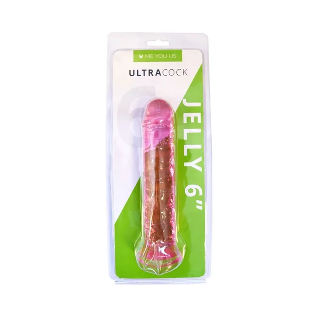 Me You Us Ultracock light-pink jelly dong front view in clear-and-green hanging package with curved shaft visible