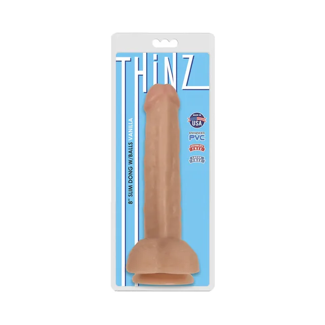 Curve Toys Thinz Beige 8-Inch Dildo in blue package