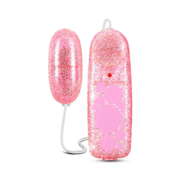 Front view of pink glitter controller connected to matching egg vibrator