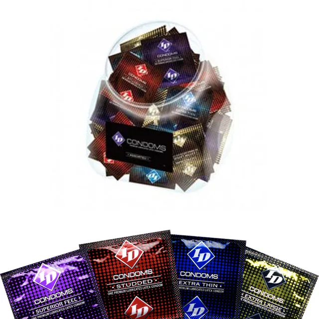 ID Lubricants Assorted Condom Jar 144 clear jar of assorted foil packets above five wrapper designs