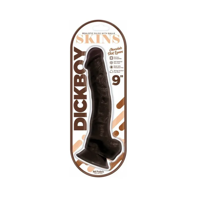 Packaged Dickboy Skins 9-inch brown dildo with balls and suction base