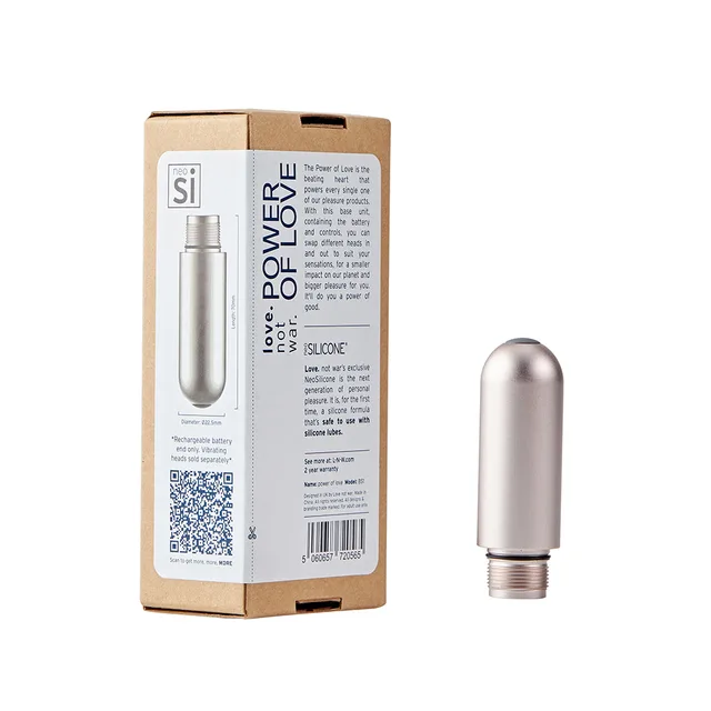 silver Love Not War Power of Love battery base beside cardboard box