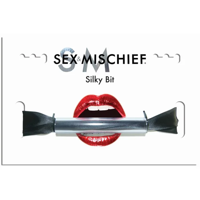 Sportsheets Sex and Mischief Silky Bit Gag packaged black ribbon gag with silver bit