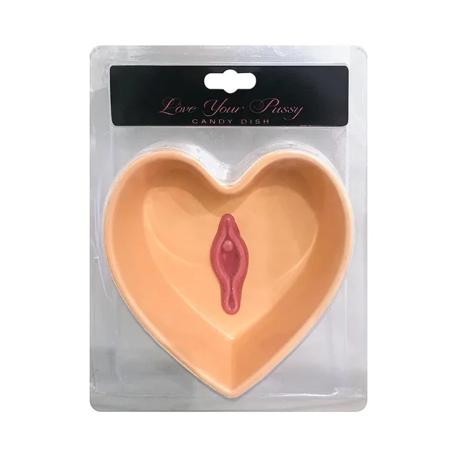 peach heart-shaped Love Your Pussy candy dish in clear hanging package