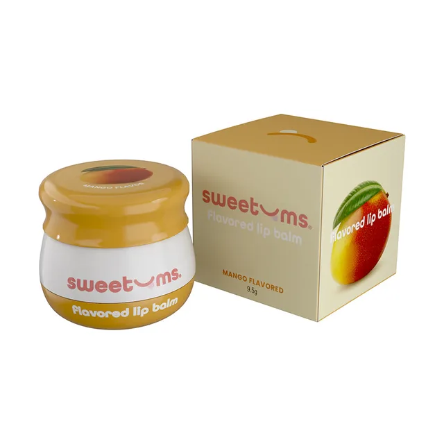 Sweetums Mango Lip Balm jar and mango-illustrated retail box
