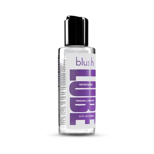 Angled view of Blush Water-Based Lube and purple label