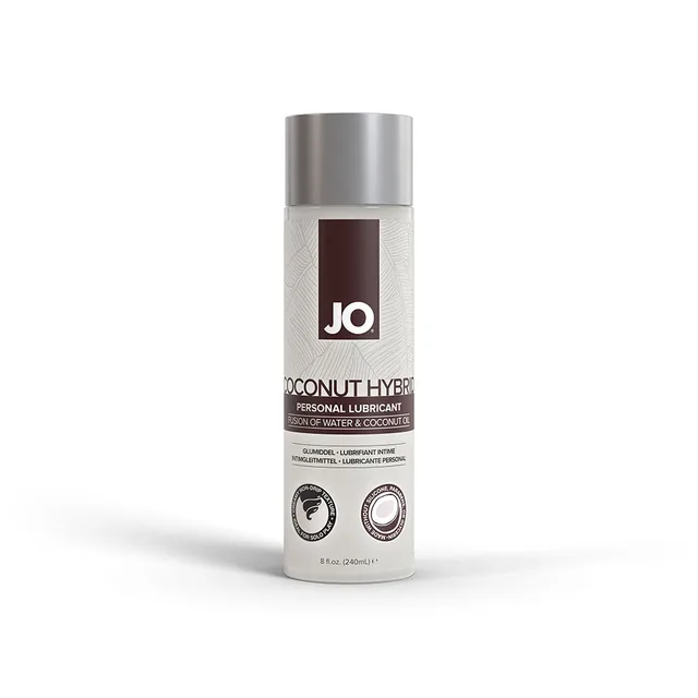 8 oz System JO Coconut Hybrid lubricant in silver bottle with brown label