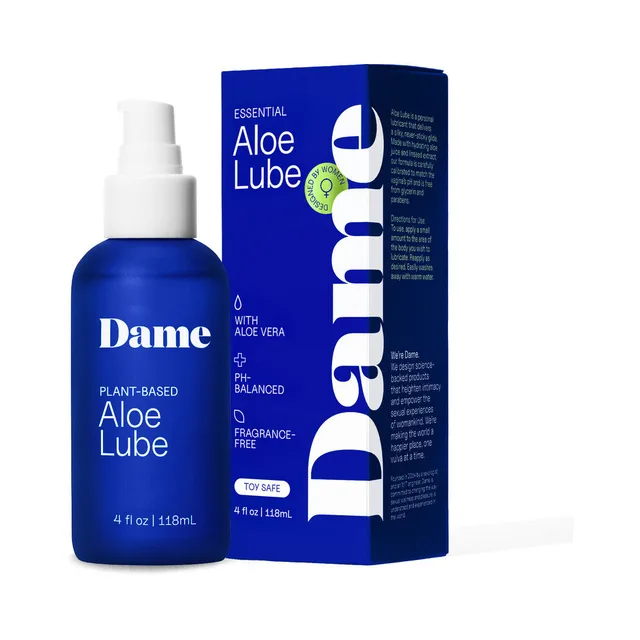 Dame Aloe Lube four-ounce blue pump bottle beside retail carton
