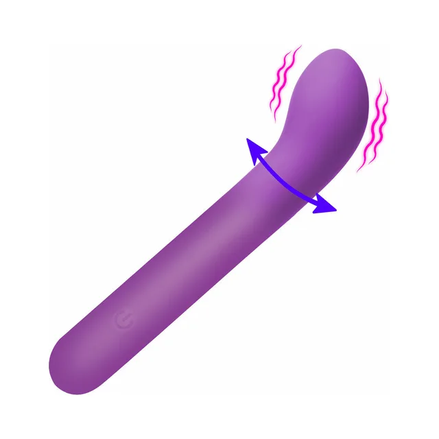 BANG purple flexible curved vibrator side view with curved motion arrow