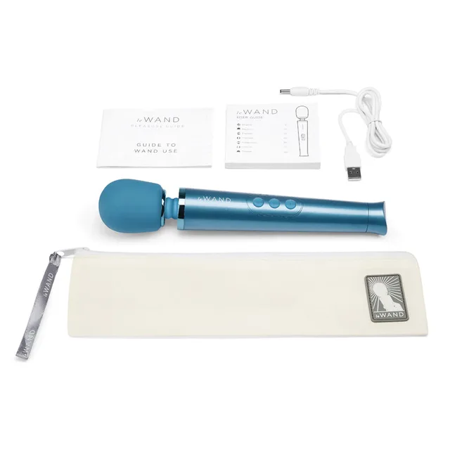 Blue Le Wand Petite set with USB cable, pouch and guides
