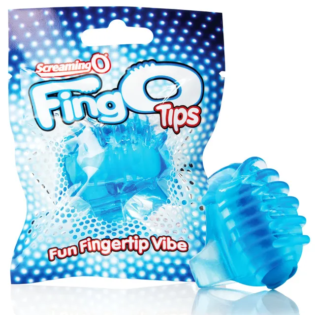 Screaming O FingO Tips Blue blue ridged fingertip vibrator beside hanging pouch
