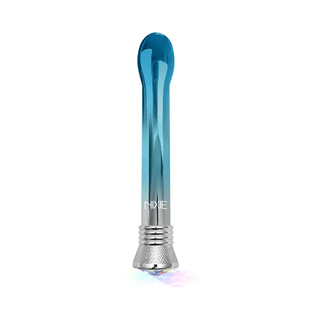 Front view of blue ombre Nixie bulb vibrator on silver base