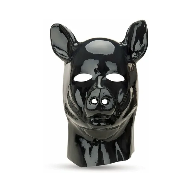 Front view of Prowler RED latex pig hood with ears and snout