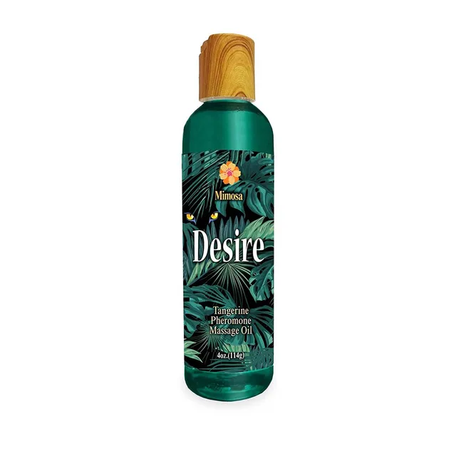 Desire Tangerine massage oil in dark green bottle with orange icon