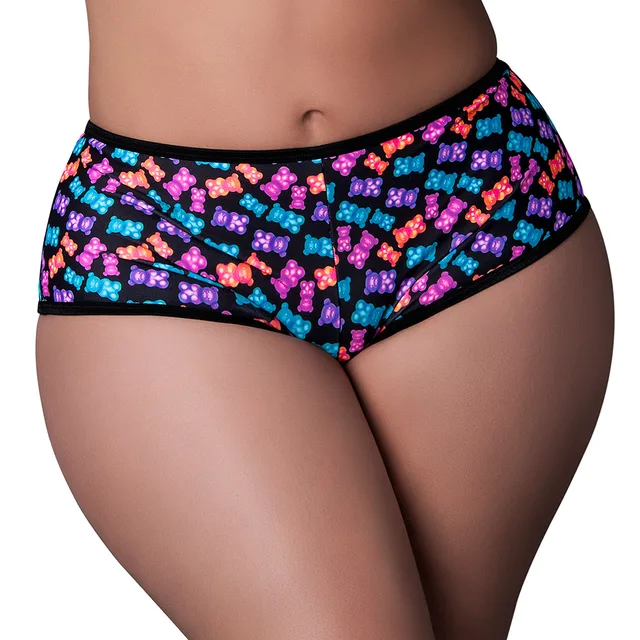 black mesh Gummy Bears boy shorts shown in Queen Size close-up