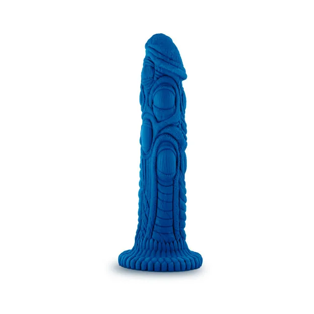Blush Realm Draken blue fantasy dildo upright front view with layered scale textures