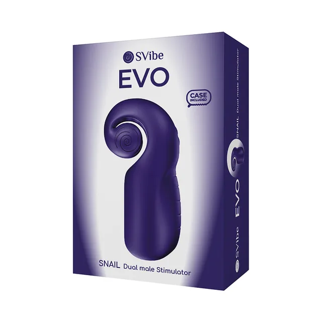 navy SVibe Snail Evo rechargeable masturbator pictured on purple retail box
