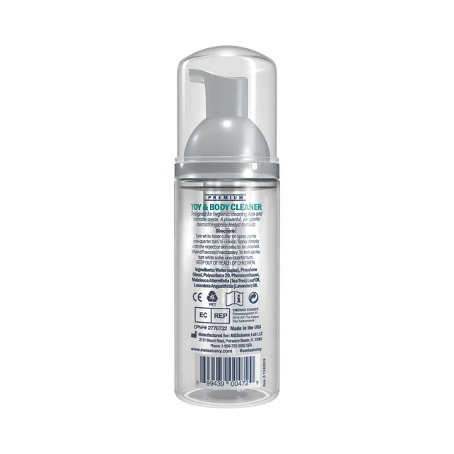 Back of 1.6 oz Swiss Navy foaming dispenser with product label