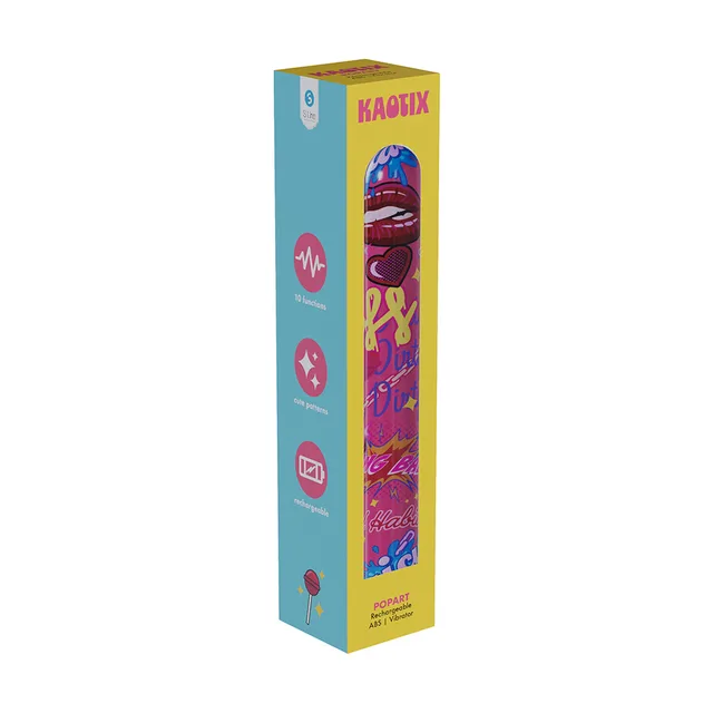 SLI Kaotix Pop Art pink vibrator in yellow illustrated carton