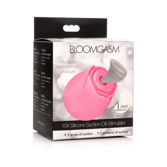pink Bloomgasm Wild Rose silicone suction stimulator pictured on retail box