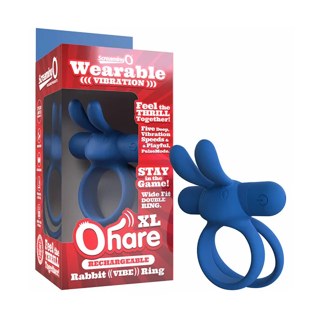 Blue rechargeable Ohare XL double-loop ring beside box