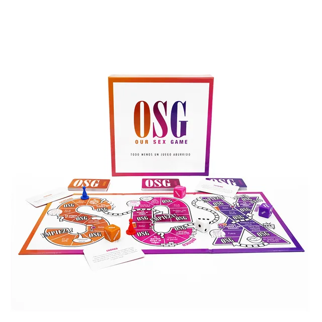 Our Sex Game Spanish board with orange pink purple sections cards and dice