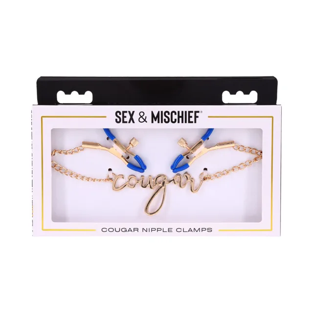Sportsheets Cougar blue-tip nipple clamps gold chain pair inside white window box