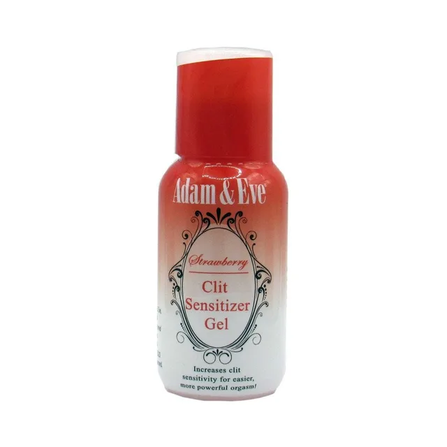 Adam & Eve Strawberry clear sensitizer gel one-ounce bottle front view with red cap