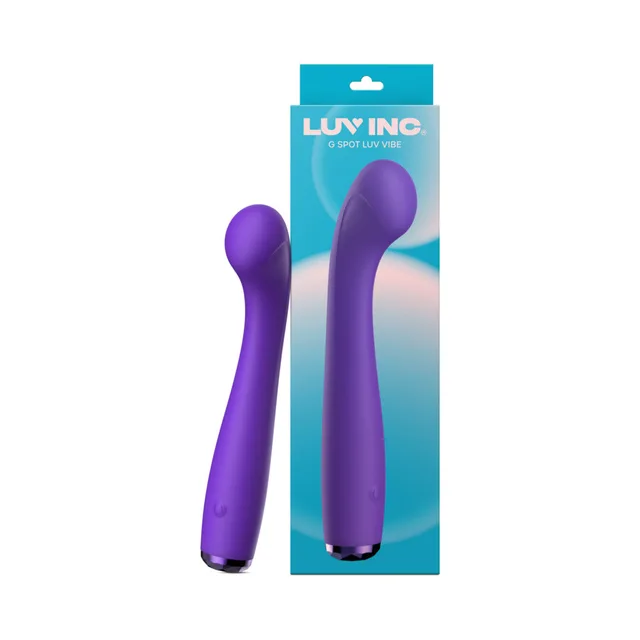 Dark-purple Luv Inc GS17 curved vibrator beside turquoise retail box