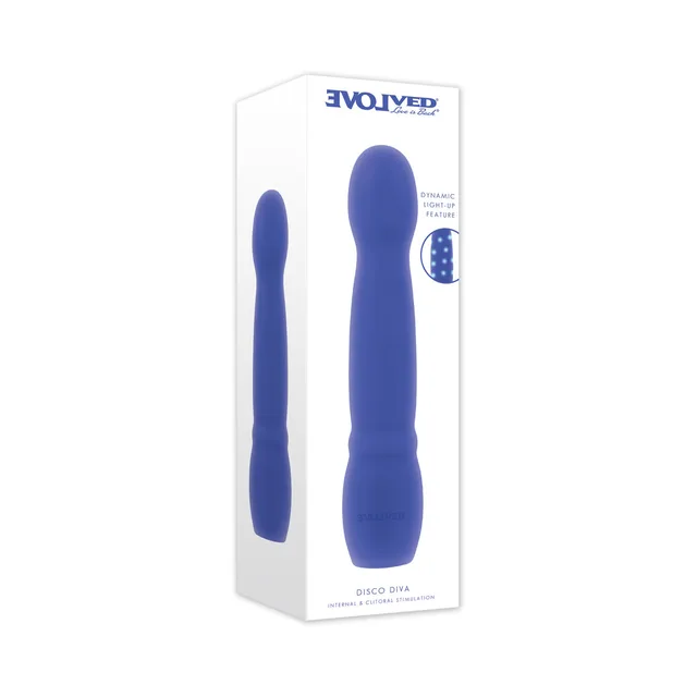Evolved Disco Diva Blue wand vibrator beside retail box