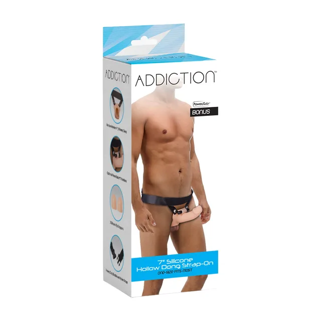 BMS Addiction beige 7-inch hollow silicone strap-on in a white and blue retail box