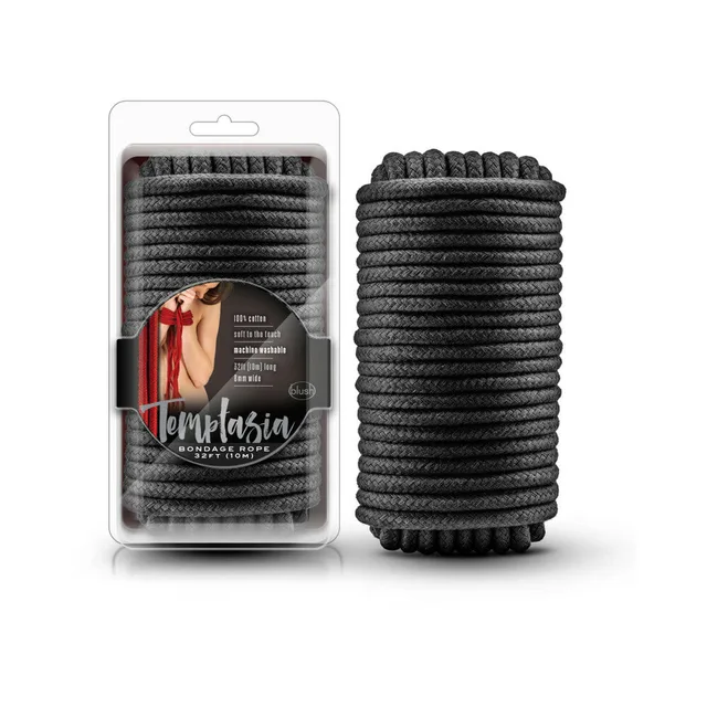 Blush Temptasia black cotton bondage rope beside clear retail package