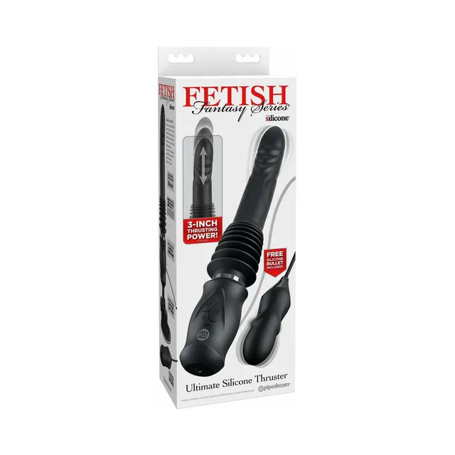 Fetish Fantasy Ultimate Silicone Thruster black ribbed design in tall white retail box