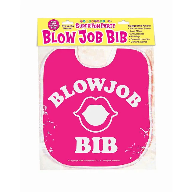 hot pink Blow Job Bib with white lettering in clear package