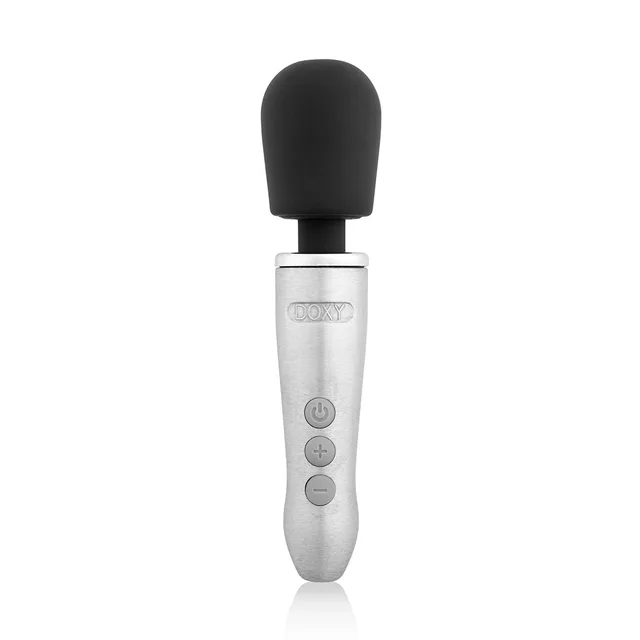 Upright Doxy Go wand with silver handle and black rounded head