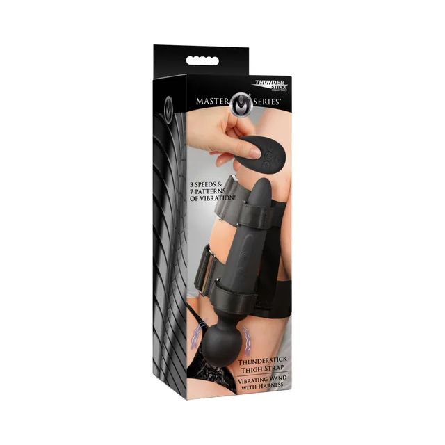 Master Series Thunderstick thigh-strap wand in tall black retail packaging