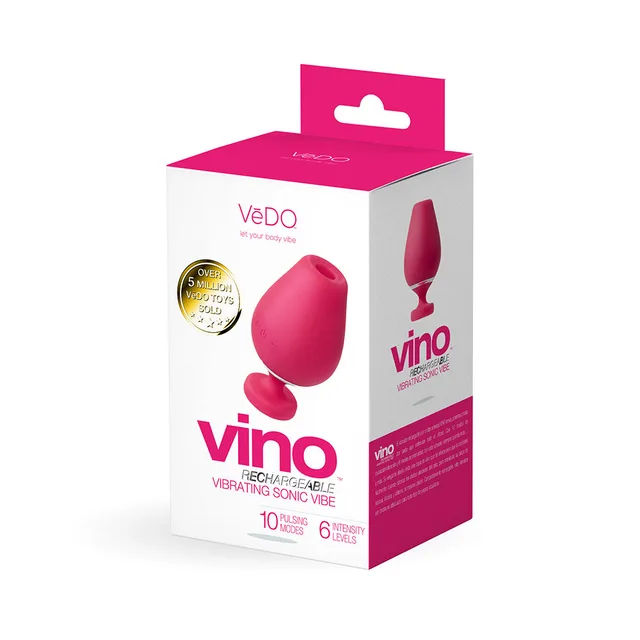 pink VeDO Vino wine-glass-shaped sonic vibrator in white box