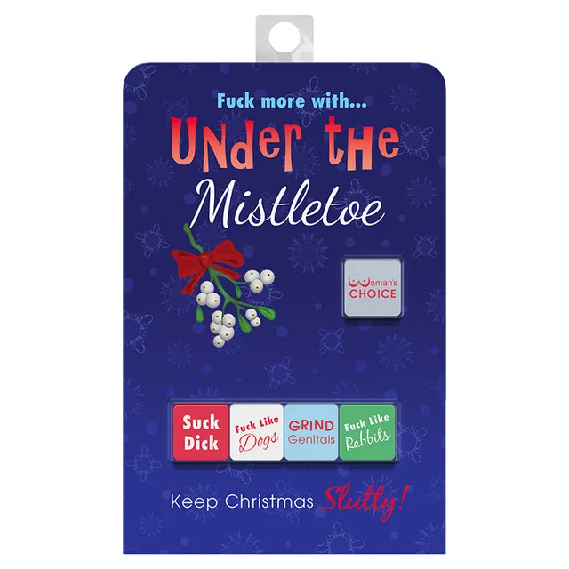 blue Under the Mistletoe game card displaying five multicolor dice