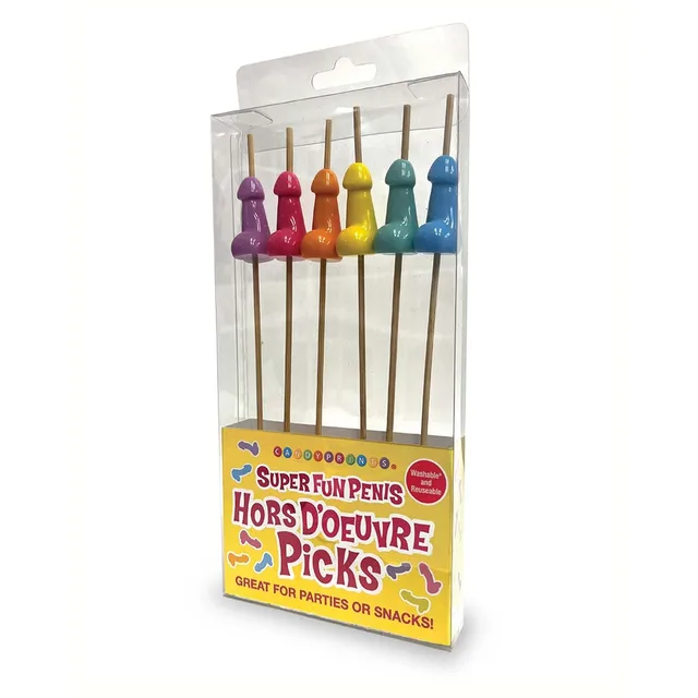 six bamboo appetizer picks with purple, red, yellow, green, teal and blue tops