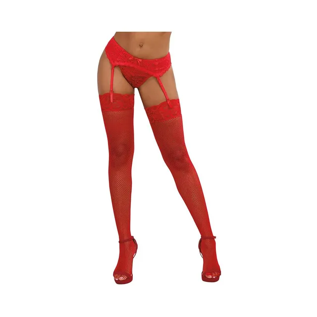 Front view of red fishnet thigh highs with floral lace tops